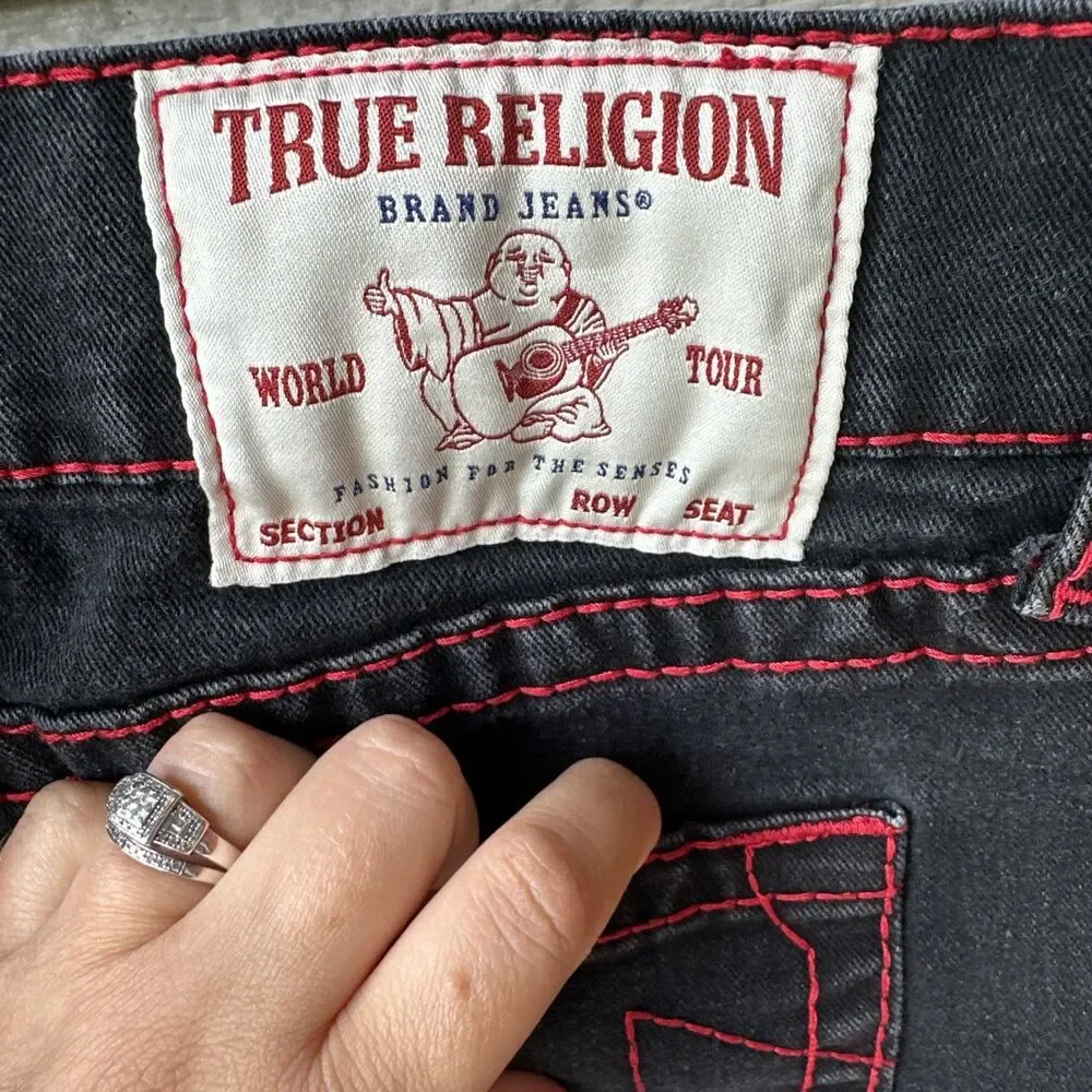 True Religion Ricky Super T Relaxed Straight Jeans Mens 36 Black Red Stitch Flap